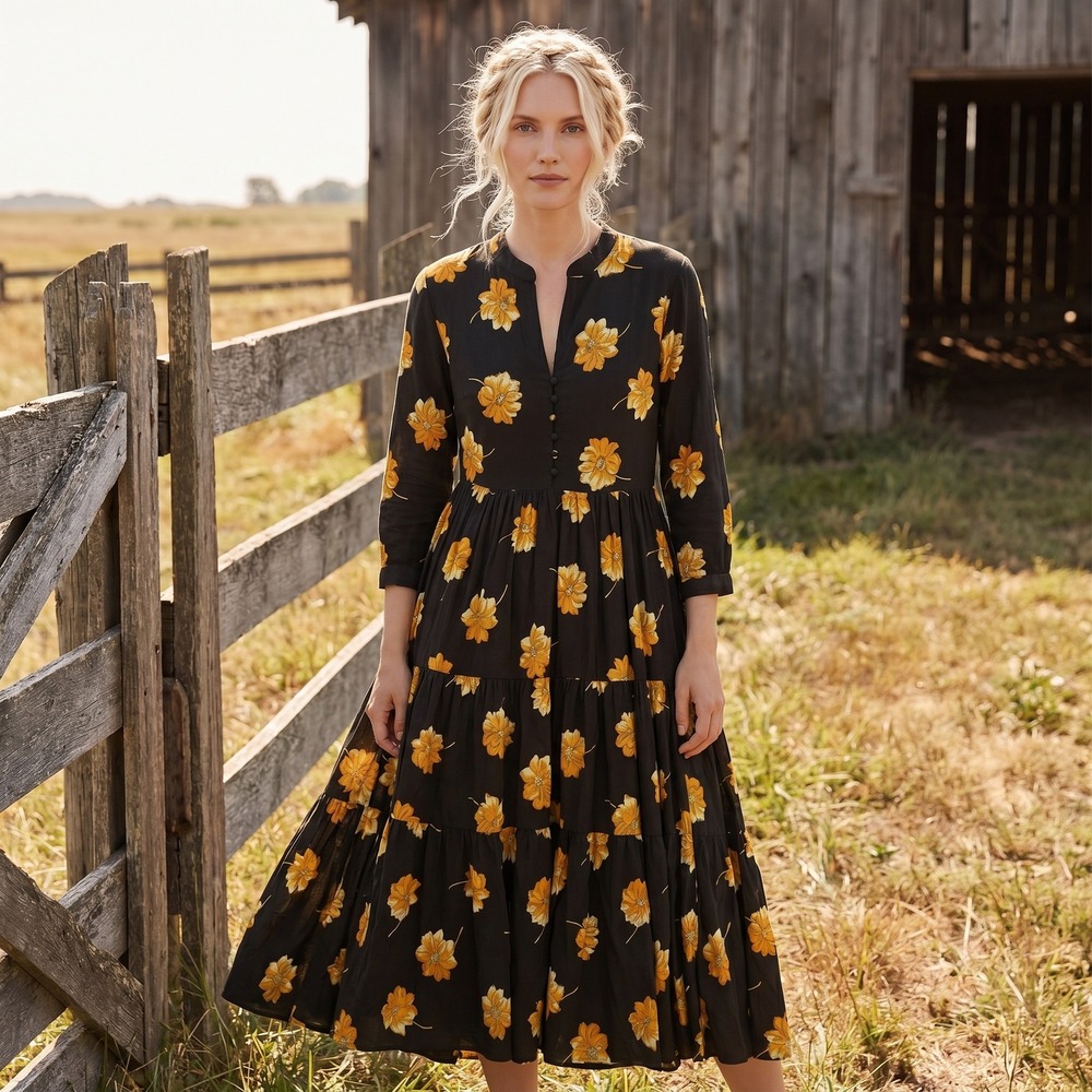 Madewell Floral Tiered Maxi Dress Womens Small‎ Green Yellow Boho Cottagecore